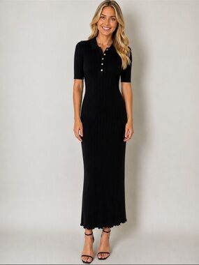 LOFT Black Ribbed Polo Maxi Dress